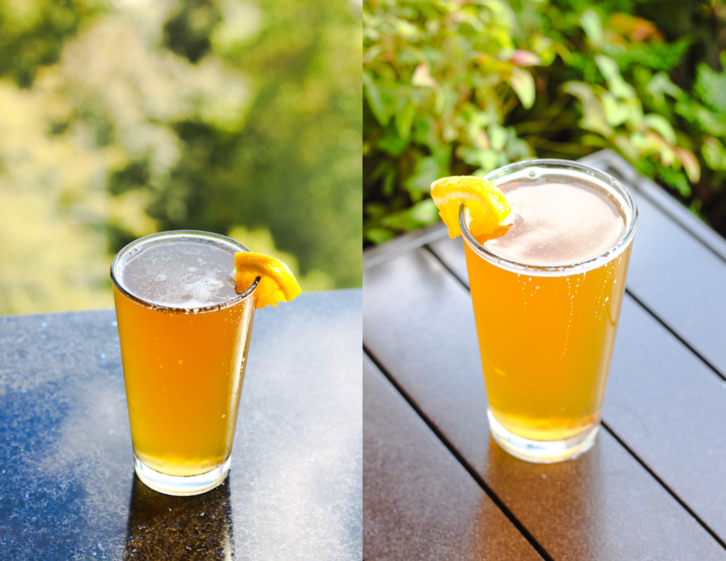 Collage of two golden beers garnished with orange slices on an outdoor table